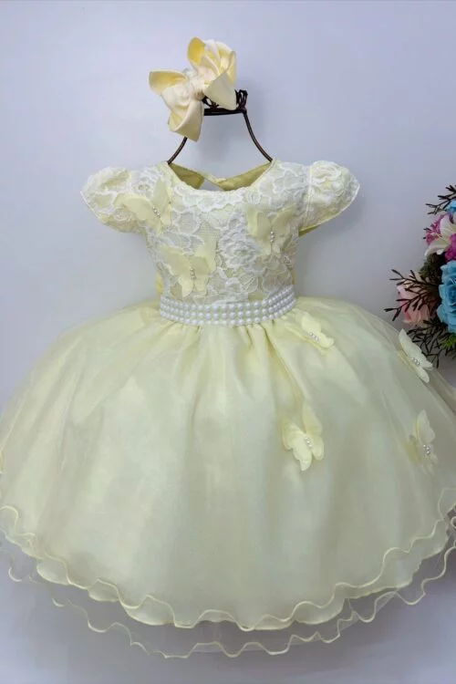Vestido Infantil Amarelo Aplique de Borboletas