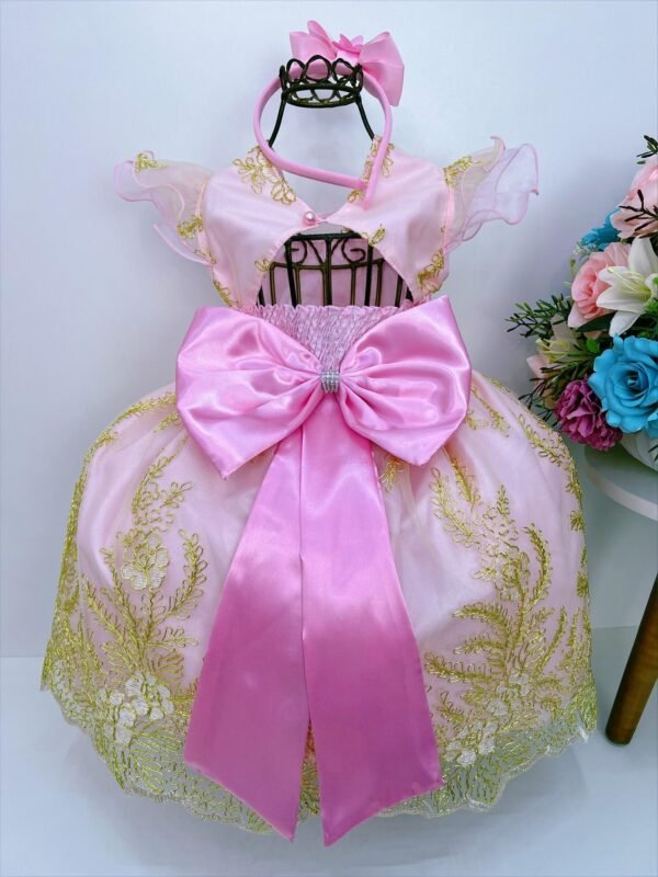 Vestido Infantil Rosa C/ Renda e Aplique Borboletas - Image 2
