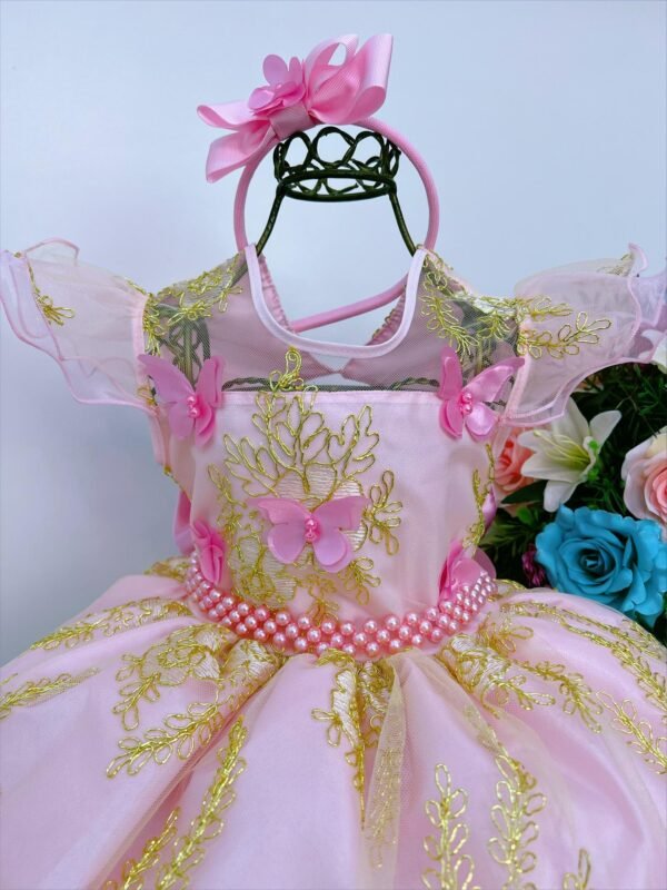 Vestido Infantil Rosa C/ Renda e Aplique Borboletas - Image 3