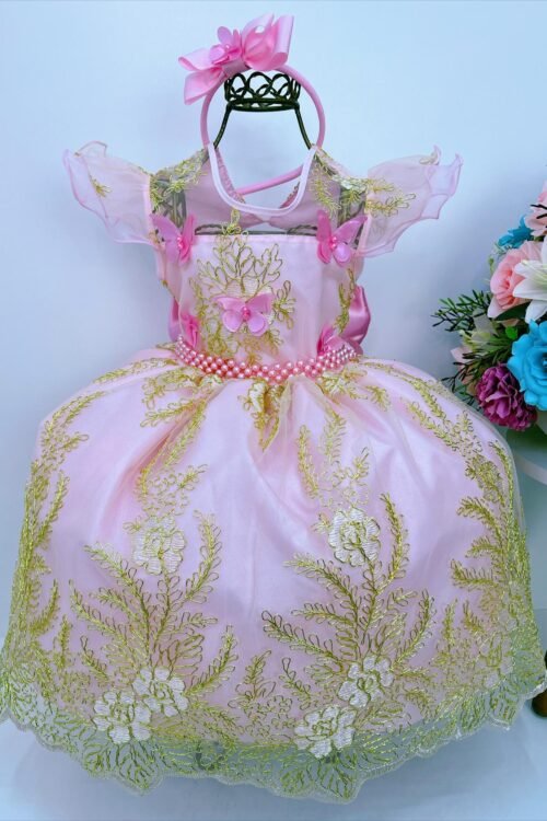 Vestido Infantil Rosa C/ Renda e Aplique Borboletas