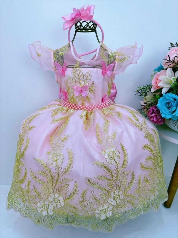 Vestido Infantil Rosa C/ Renda e Aplique Borboletas