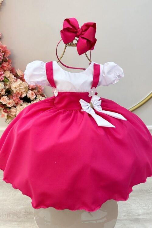 Vestido Infantil Pink Menina e o Urso C/ Lenço e Broche de Laço