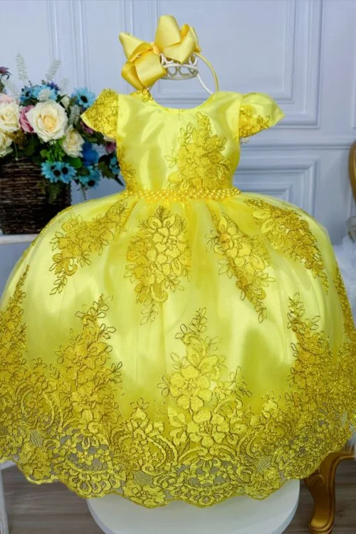 Vestido Infantil Amarelo C/ Renda Realeza