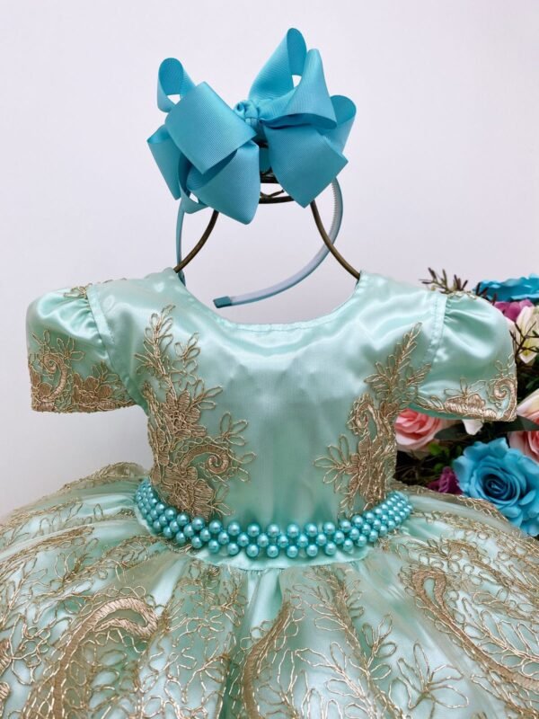 Vestido Infantil Verde Com Renda Dourada - Image 3