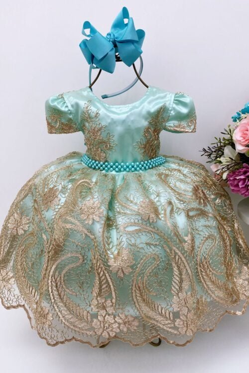 Vestido Infantil Verde Com Renda Dourada