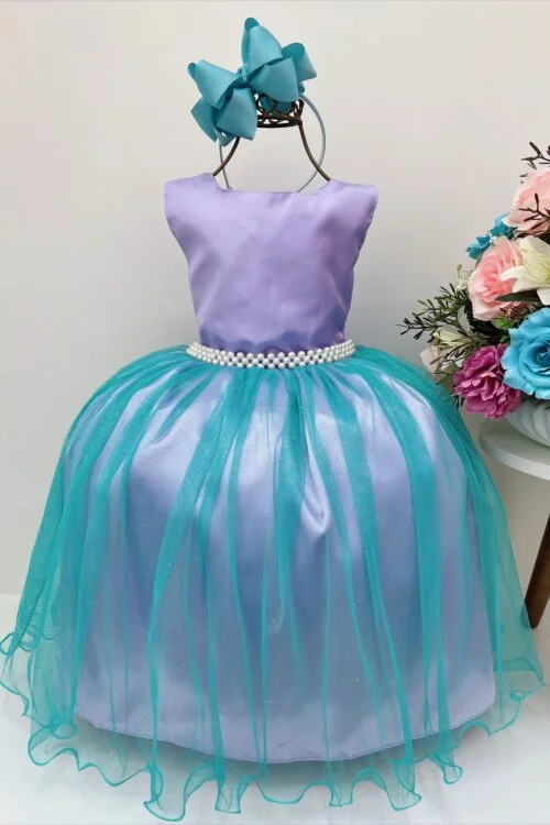 Vestido Infantil Princesa Ariel Lilás e Tule Verde